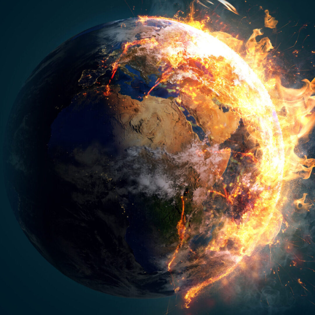 A fiery apocalypse engulfs half of Earth, symbolizing global destruction.