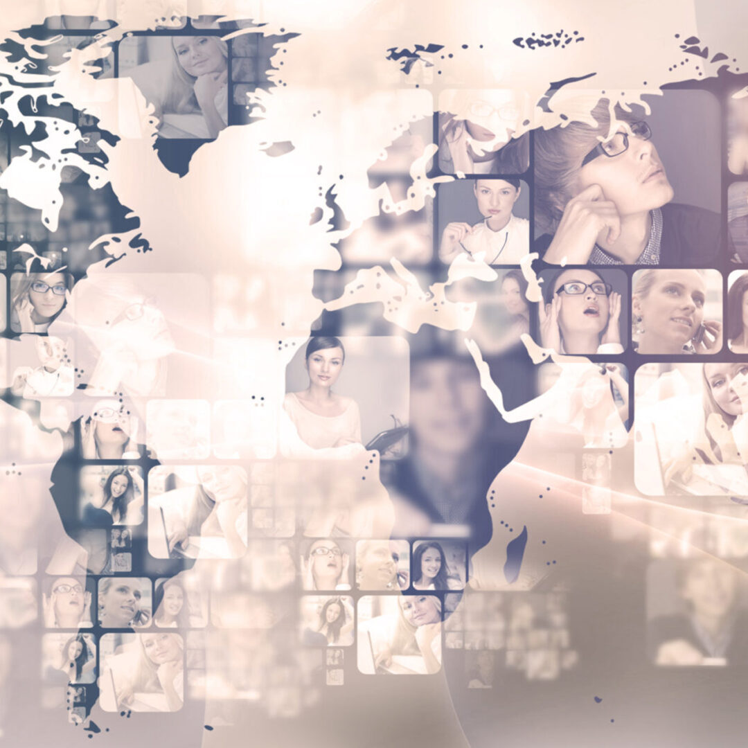 Abstract global network with human faces and world map overlays.