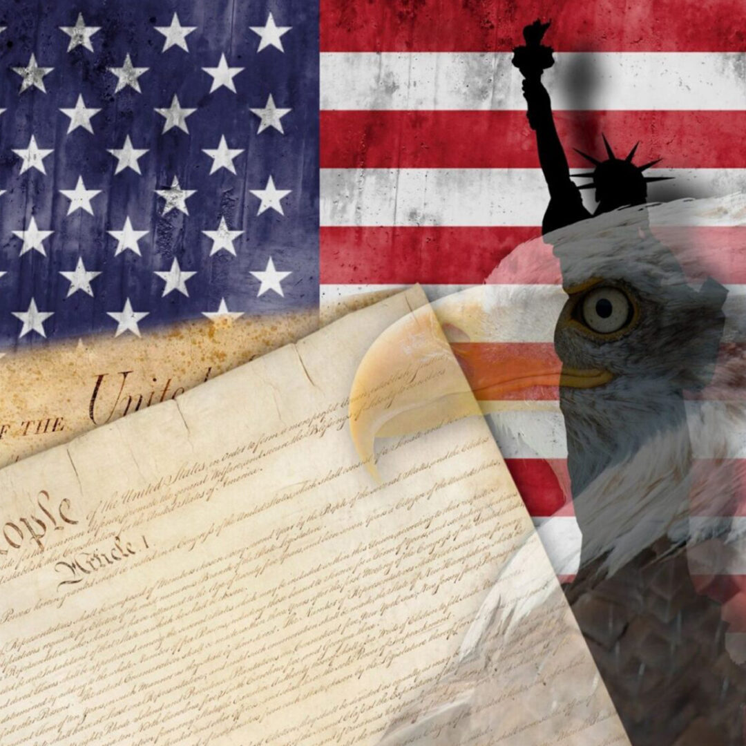 A montage featuring the American flag, the Statue of Liberty, the Constitution, and a bald eagle.