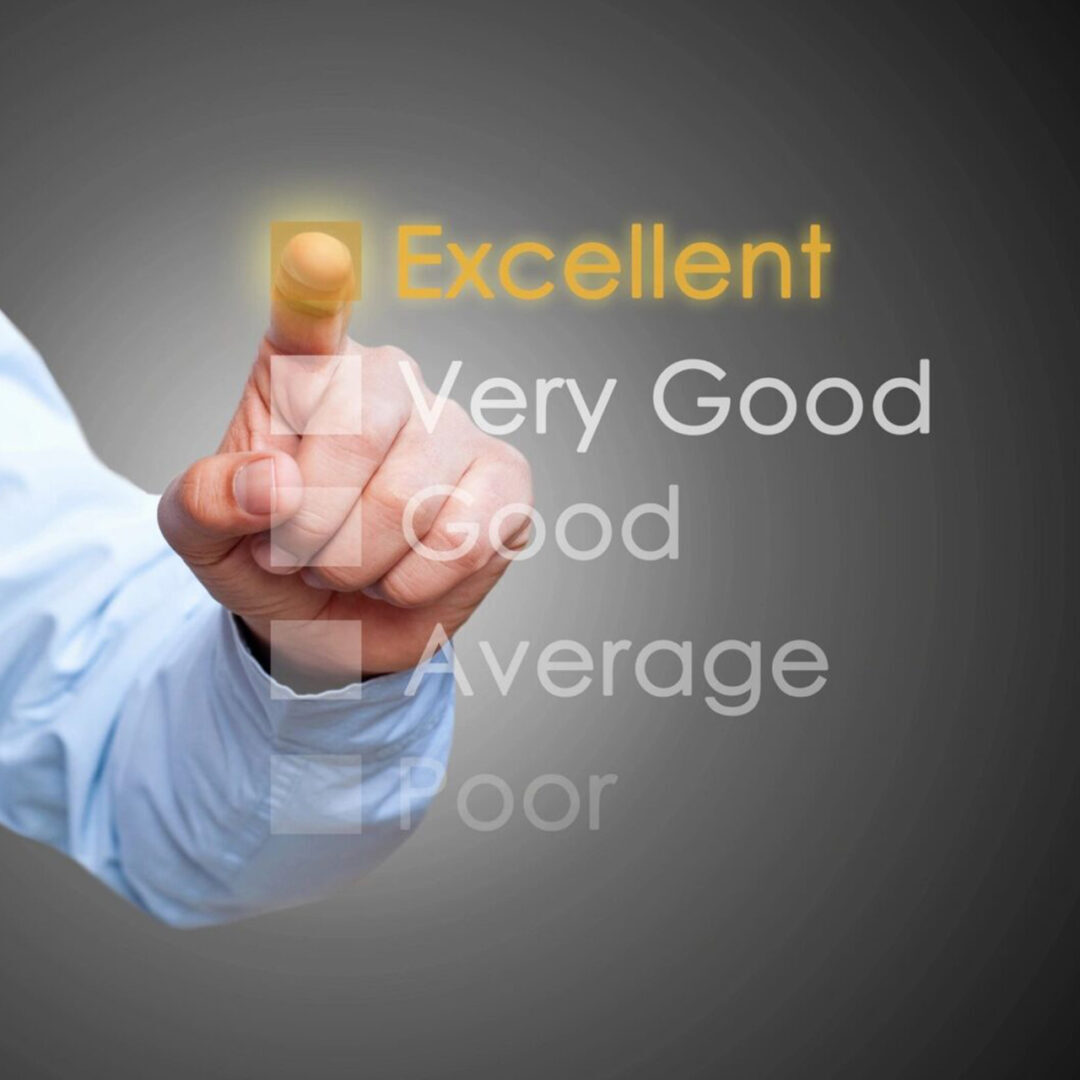 Hand pointing at the word 'Excellent' with a glowing effect.