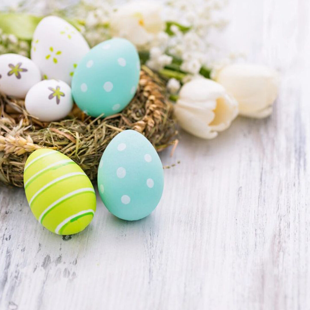 Colorful Easter eggs nestled in a rustic straw nest with white flowers.