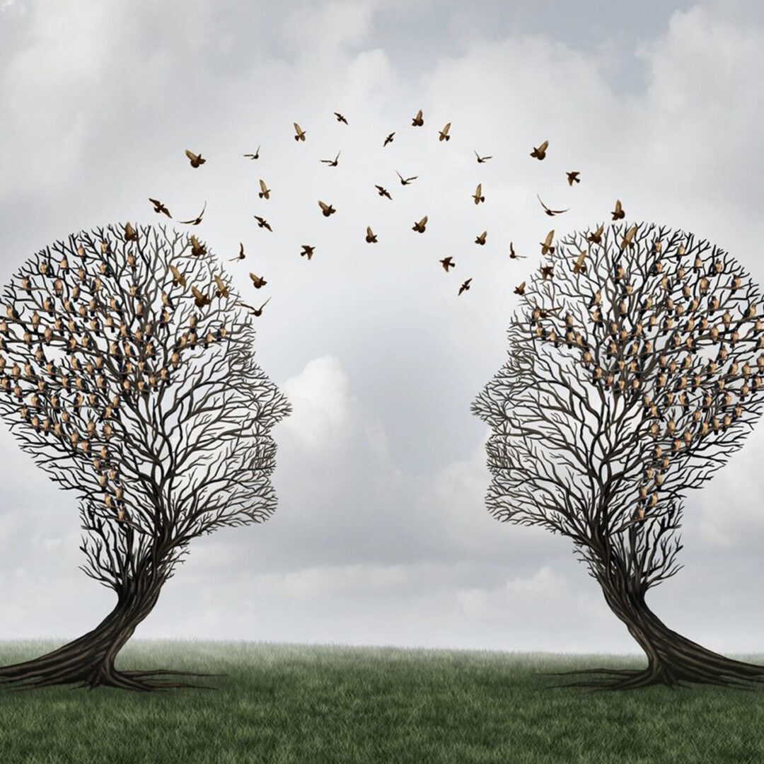 Two tree-shaped heads with birds flying between them under a cloudy sky.