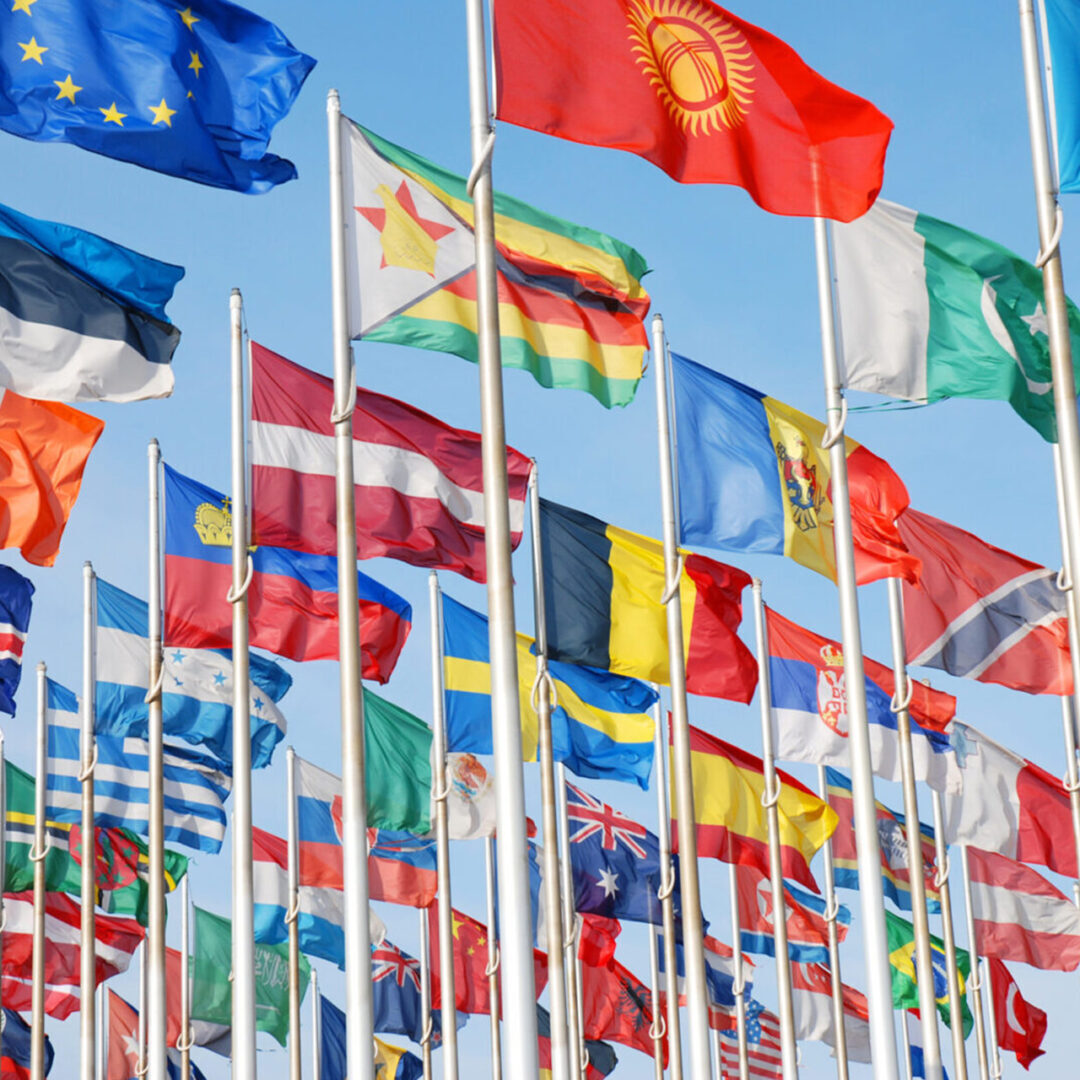 Colorful national flags from various countries fluttering on flagpoles against a clear sky.